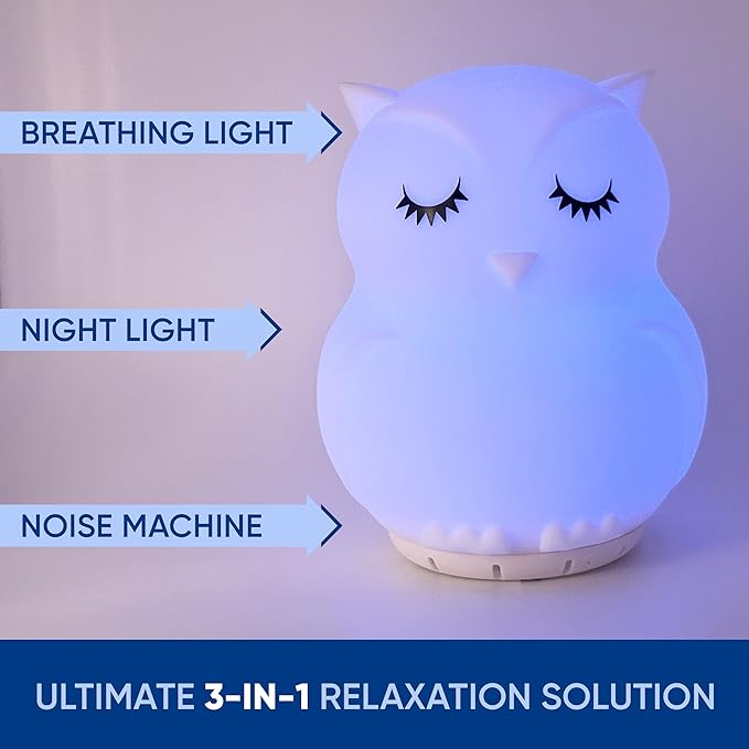 Mindfulness 'Breathing Owl' | 4-7-8 Guided Visual Meditation Breathing Light | 3 in 1 Device with Night Light & Noise Machine for ADHD Anxiety Stress Relief Sleep - Gift for Kids Adult Women Men