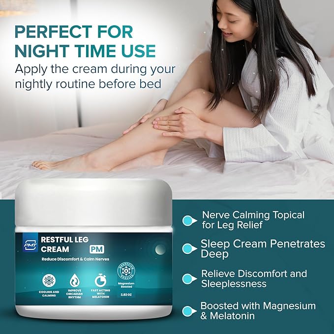 Relaxing Leg Cream by PMT, Nerve Calming Topical for Leg Relief, Sleep Cream Penetrates Deep, Relieve Discomfort and Sleeplessness, Boosted with Magnesium & Melatonin - 2.83oz