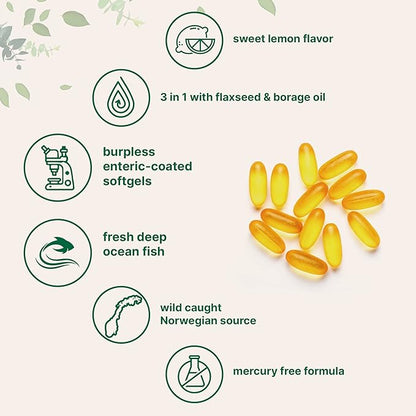 Ultra Omega 3-6-9 3600mg Perserv, 300 Burpless Softgels | Lemon Flavor â Blend of Fish, Flaxseed, Borage Oils | Bioavailable Source, Non-GMO, No Gluten, Mercury Free