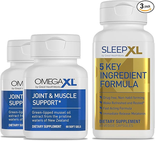 OmegaXL Joint Relief Supplement - Natural Muscle Support, 60 Softgels (2 Pack) & SleepXL immediate-Release melatonin, L-Theanine (Calming), Chamomile, Magnesium & B6 (60 Vegan Capsules)