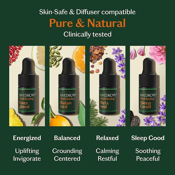 LIVEDROPS 24/7 Essential Oil Gift Set 4 mini Aromatherapy Blends for Energy, Sleep, Relax Natural Oils for Diffuser or Skin Crafted in France by Perfumers Wellness Gift