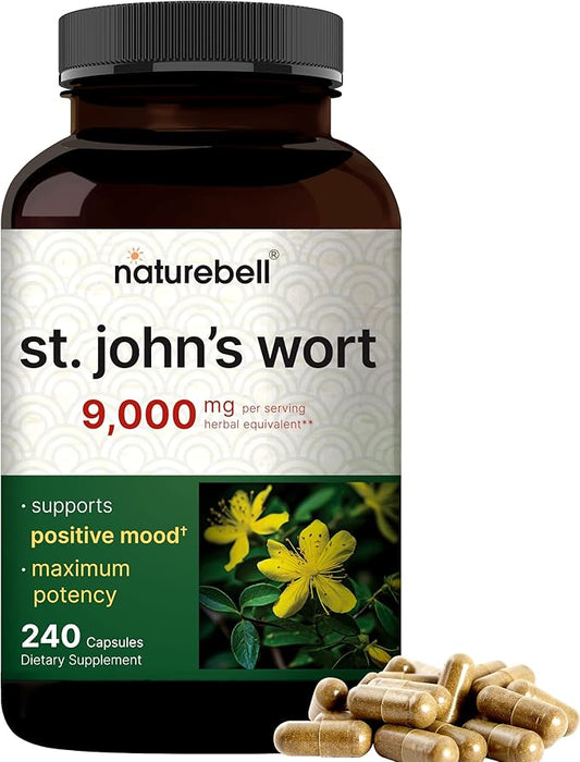 NatureBell St Johns Wort 9,000mg Per Serving, 240 Capsules | 15:1 Herbal Extract, North American Harvest, Rich in Hypericin â Positive Mood Support Supplement â St. Johnâs Wort â Non-GMO