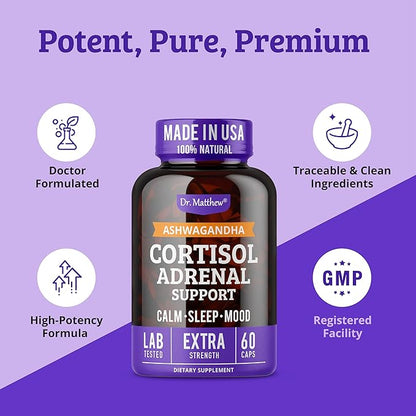 Dr. Matthew Cortisol Reducer & Adrenal Support Supplement with Ashwagandha, Rhodiola & Ginseng â A Detox Cocktail to Lower Cortisol & Support Relaxation, Calm & Restful Sleep
