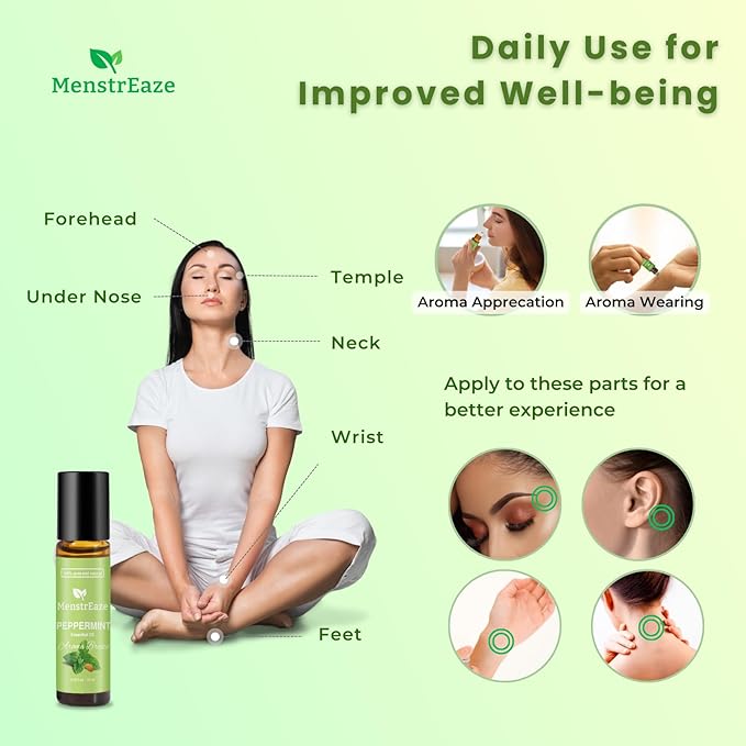 Peppermint Essential Oil Roll On, Gentle Aroma, Migraine & Headache Support, Skin Nourishing, Sweet Almond Oil, Nighttime Refreshing and Calming, 100% Natural & Pure, Mood Uplifting, 10ml