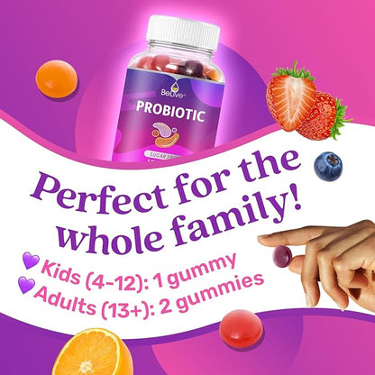 BeLive Probiotic Gummies - Probiotics with 5 Billion CFUs for Digestive Health, Men, Women & Kids - for Immune Support, Sugar Free & Vegan | 60 Ct â Blueberry, Strawberry & Orange