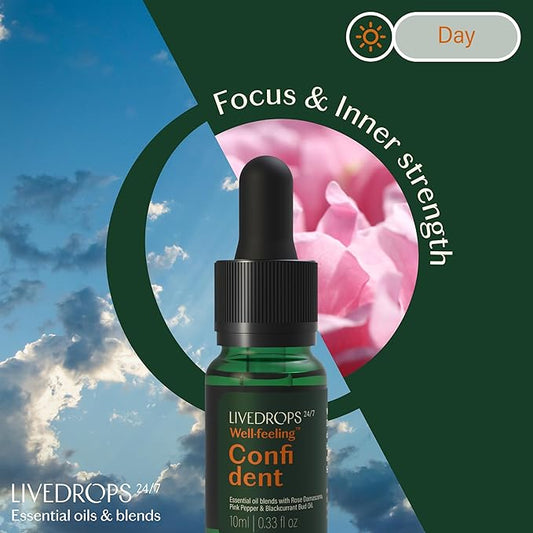 LIVEDROPS 24/7 Confident Essential Oil Blend - Crafted in France - Rose Damascena, Pink Pepper & Blackcurrant Bud Oil - Pure & Natural - Apply Directly on Skin or in Diffuser - Clinically Tested