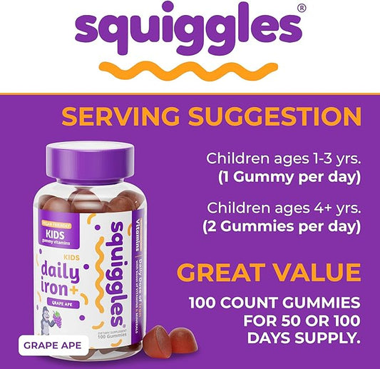Squiggles Kids Daily Iron+ Gummies, Gummy Vitamin with Iron and Low Sugar, Boost of Vitamins, Minerals and Iron, Vegan Supplement, Chewy Yummy Gummies, Grape Flavor, 100 Gummies
