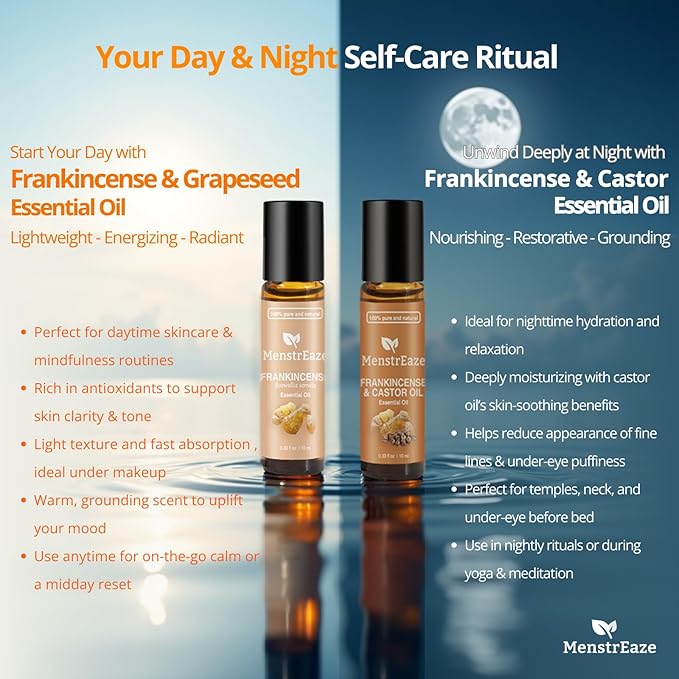 Frankincense and Castor Essential Oil Roll On, 100% Pure and Natural Castor Oil & Frankincense for Face, Deep Hydration, Wrinkles, Dark Circles Under Eye Roller Ball, 10ml