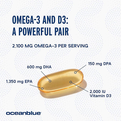 Oceanblue Professional Omega-3 2100 â 120 ct â Triple Strength Burpless Fish Oil Supplement with High-Potency EPA, DHA, DPA and Vitamin D3 â Wild-Caught â Vanilla Flavor (60 Servings)