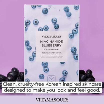Vitamasques Niacinamide Blueberry Face Sheet Mask 7 Pack - Pore Purifying Korean Face Mask Improves Uneven Skin Tone & Reduces Blemishes