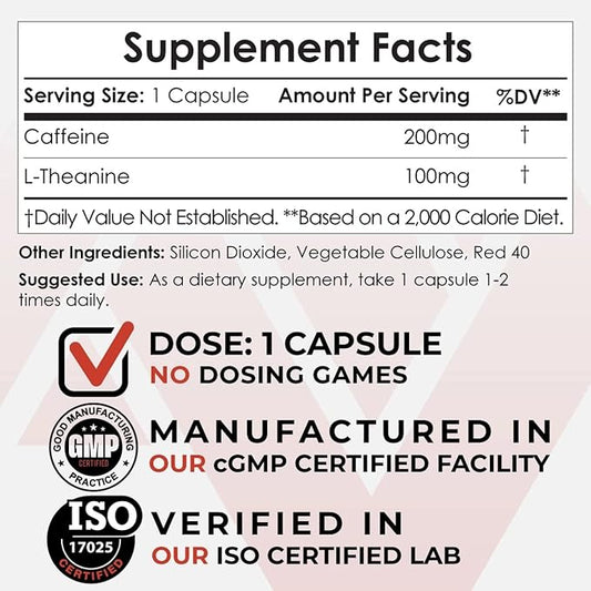 Nootropics Depot Caffeine and L-Theanine Capsules | 60 Count | Contains 200mg of Caffeine and 100mg of L-Theanine | Natural Supplement | Energy Booster | Mental Focus + Alertness | Coffee Alternative