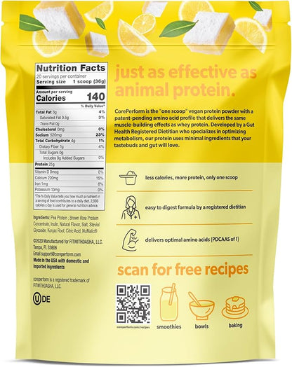 Core Perform's Plant Based Lemon Protein Powder, Low Fodmap, Gluten Free, Non GMO and Vegan, Developed by a Gut Health Registered Dietitian (20 Servings)