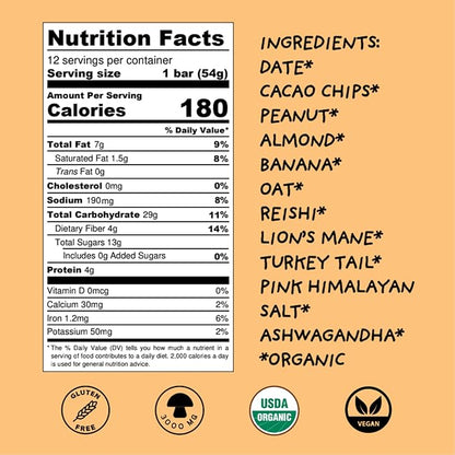 Wise Bar Adaptogen Mushroom Nutrition Bars | Peanut Butter Banana Flavor | 12 Count | Functional Mushrooms and Adaptogens Bar | Organic Nutrition Energy Bars, Vegan, Gluten Free