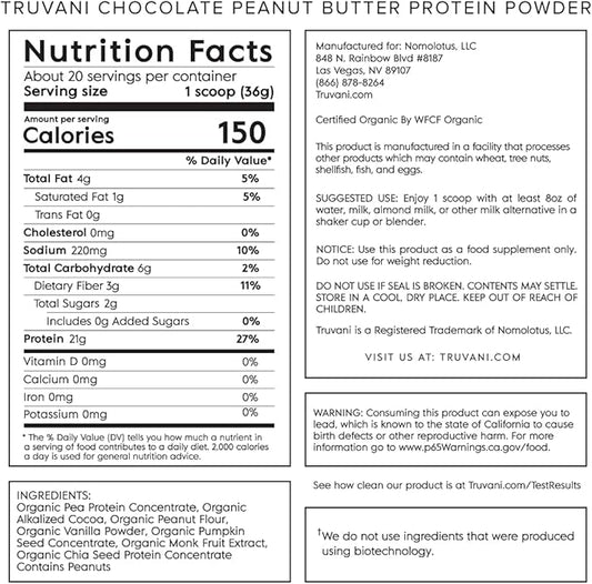Truvani Vegan Pea Protein Powder | Chocolate Peanut Butter | 20g Organic Plant Based Protein | 20 Servings | Keto | Gluten & Dairy Free | Low Carb | No Added Sugar