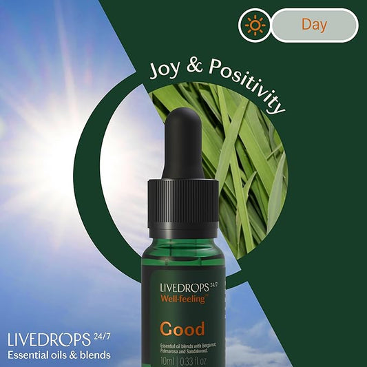 LIVEDROPS 24/7 Good Essential Oil Blend - Bergamot, Palmarosa & Sandalwood - Natural & Pure - Aromatherapy for Positivity & Focus - Crafted in France by Perfumers - Skin-Safe & Diffuser Compatible