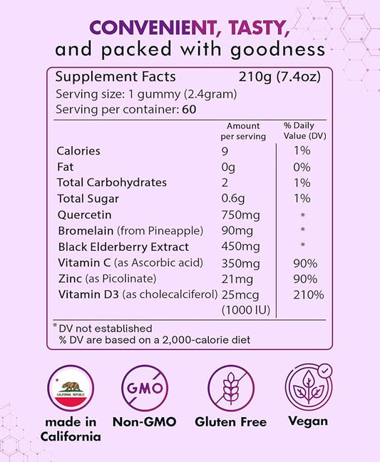 BIO VITALICA (2 Pack) Quercetin Gummies by BioVitalica - Quercetin with Bromelain Vitamin C and Zinc & Elderberry + Vitamin D3-5 in 1 Immune Support - Zinc Quercetin 750 mg for Kids and Adults