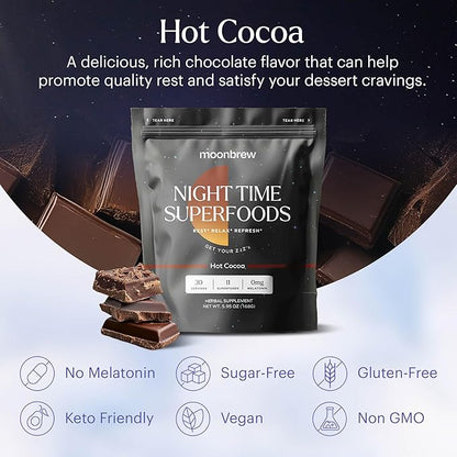 MoonBrew Nighttime Magnesium Hot Cocoa, Natural Sleep Aid Drink Mix for Adults - Calming Melatonin-Free Sleep Support - Sleepy Hot Chocolate Powder with L-Theanine, Chamomile & Zinc Glycinate - 2-Pack