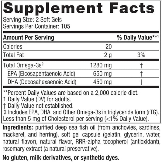 Nordic Naturals Ultimate Omega, Lemon Flavor - 210 Soft Gels - 1280 mg Omega-3 - High-Potency Omega-3 Fish Oil with EPA & DHA - Promotes Brain & Heart Health - Non-GMO - 105 Servings