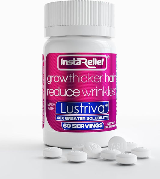 InstaReliefÂ® Hair Growth with LustrivaÂ® - Clinically Shown to Grow Thicker, Healthier Hair in 3 Weeks, Reduce Wrinkles and Fine Lines, with Biotin, Silicon, and Arginine, 60 Tablets