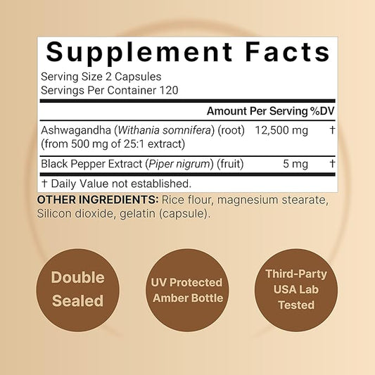 NatureBell Ashwagandha 12,500 mg Equivalent with Black Pepper, 240 Capsules | High Absorption Complex â Extra Strength 25:1 Root Extract â Adaptogens Supplements for Relaxation â Non-GMO