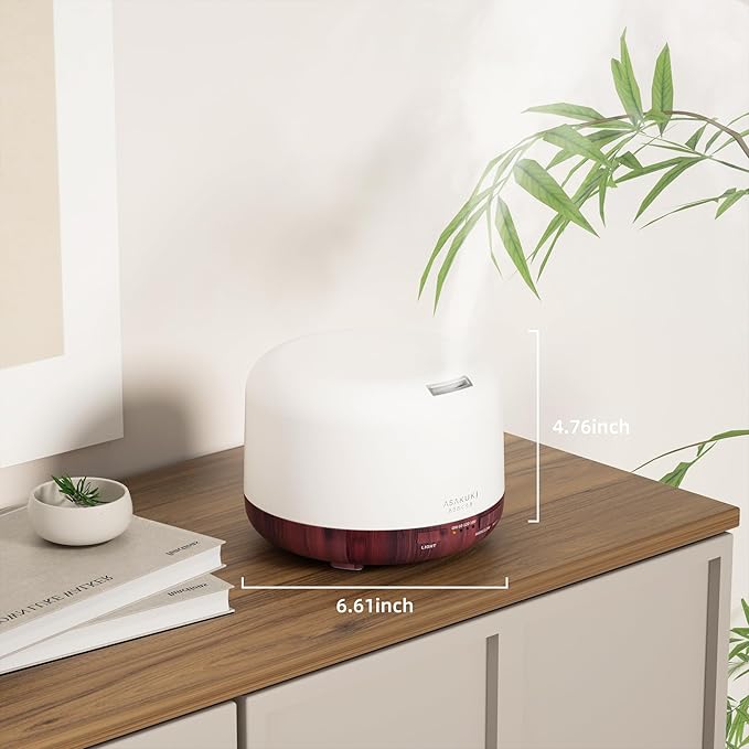 ASAKUKI 500ml Essential Oil Diffuser, Aromatherapy Fragrant Oil Humidifier Vaporizer, 7-Color Light and Auto-Off Safety Switch Reddish-Brown