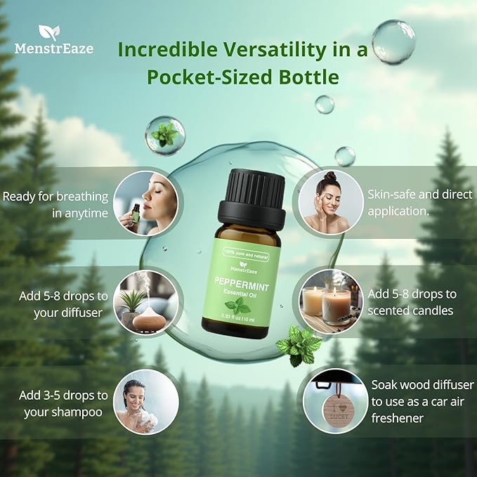 Peppermint Essential Oil Dropper Bottle, 100% Natural & Pure, Migraine & Headache Support, Skin-Safe Aromatherapy for Diffuser, Skin, Hair, Refreshing and Calming, 10ml