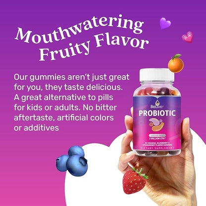 BeLive Probiotic Gummies - Probiotics with 5 Billion CFUs for Digestive Health, Men, Women & Kids Probiotic Supplements for Immune Support, Sugar Free & Vegan â Blueberry, Strawberry & Orange | 2-Pack