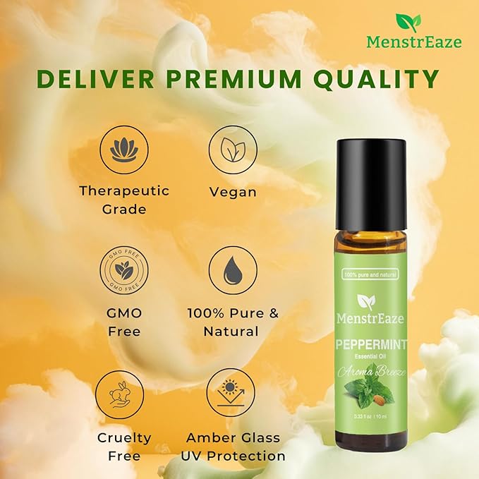 Peppermint Essential Oil Roll On, Gentle Aroma, Migraine & Headache Support, Skin Nourishing, Sweet Almond Oil, Nighttime Refreshing and Calming, 100% Natural & Pure, Mood Uplifting, 10ml