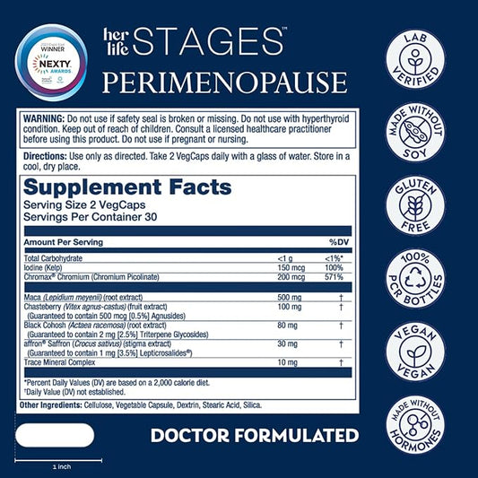 Solaray Perimenopause her Life Stages - Perimenopause Supplements Women - Hot Flashes, Menopause Support - Saffron and Chasteberry - Made Without Hormones - 60-Day Guarantee - 30 Servings, 60 VegCaps