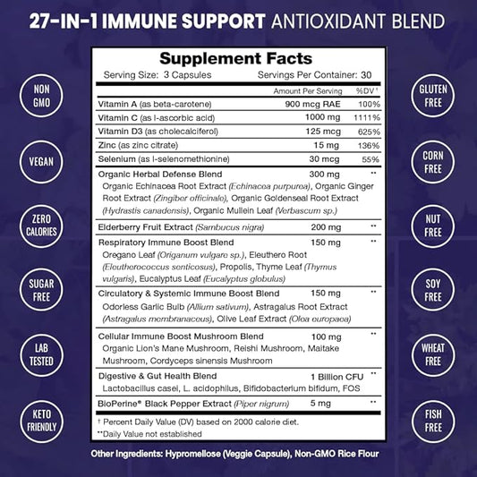 27 in 1 Immune Support Supplement | Antioxidant Immune Boosters for Adults | 90 Immune Defense Capsules | 1000mg Vitamin C, 5000 IU D3, Elderberry, Zinc, 1 Billion CFU Probiotics & More (2 Pack)