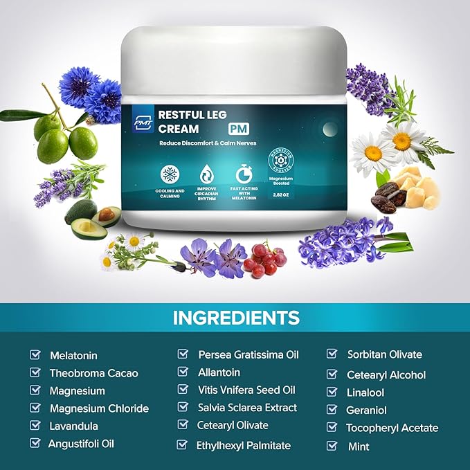 Relaxing Leg Cream by PMT, Nerve Calming Topical for Leg Relief, Sleep Cream Penetrates Deep, Relieve Discomfort and Sleeplessness, Boosted with Magnesium & Melatonin - 2.83oz