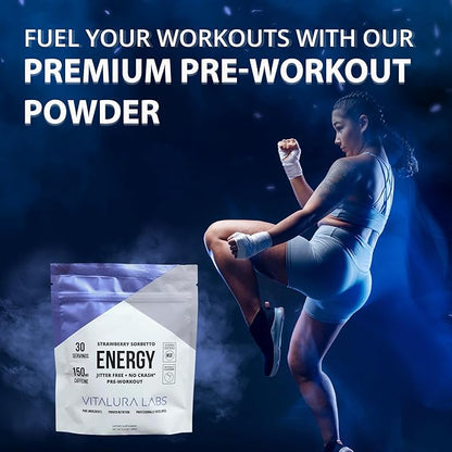 Vitalura Labs Pre-Workout Powder - Caffeine, Theacrine, Rhodiola & L-Theanine for Energy & Endurance - NSF Content Certified - Strawberry Sorbetto Flavored - 30 Servings