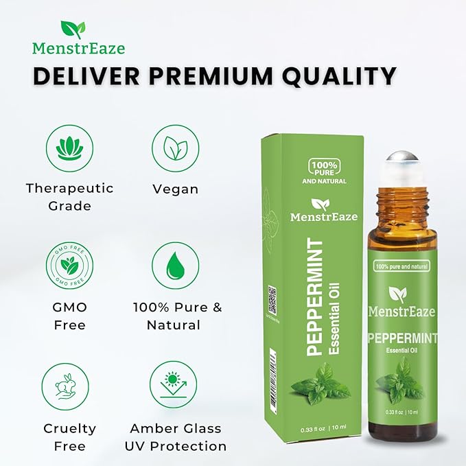 Peppermint Essential Oil Roll On, Migraine & Headache Support, High Potency, Purem Natural Oil, Blend with Sweet Almond Oil for Skin, Refreshing and Calming, Nausea Support, 10ml