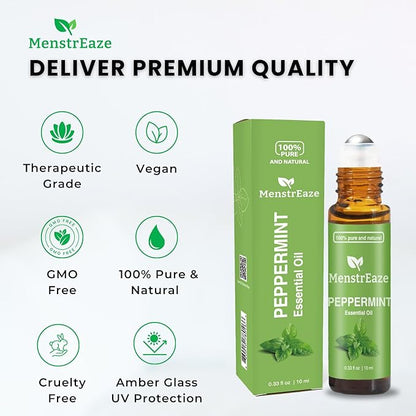Peppermint Essential Oil Roll On, Migraine & Headache Support, High Potency, Purem Natural Oil, Blend with Sweet Almond Oil for Skin, Refreshing and Calming, Nausea Support, 10ml