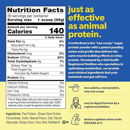 Core Perform's Plant Based Lemon Protein Powder, Low Fodmap, Gluten Free, Non GMO and Vegan, Developed by a Gut Health Registered Dietitian (20 Servings)