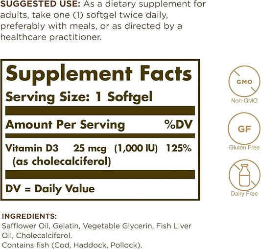 Solgar Vitamin D3 (Cholecalciferol) 25 MCG (1000 IU), 250 Softgels - Helps Maintain Healthy Bones & Teeth - Immune System Support - Non-GMO, Gluten Free, Dairy Free - 250 Servings