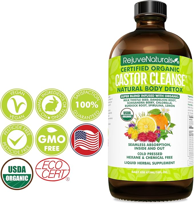 RejuveNaturals Castor Cleanseâ¢ - USDA Organic Castor Oil, Chlorella, Spirulina, Roots & Greens for Wellness, Digestive Support, Daily Balance. 3-Month Supply Gut Cleanse Detox for Women & Men - 16oz.