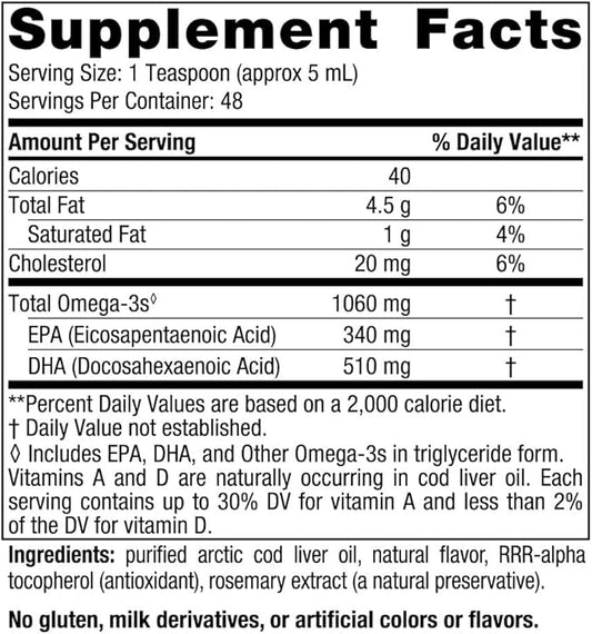 Nordic Naturals Arctic Cod Liver Oil, Lemon - 8 oz - 1060 mg Total Omega-3s with EPA & DHA - Heart & Brain Health, Healthy Immunity, Overall Wellness - Non-GMO - 48 Servings