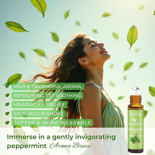 Peppermint Essential Oil Roll On, Gentle Aroma, Migraine & Headache Support, Skin Nourishing, Sweet Almond Oil, Nighttime Refreshing and Calming, 100% Natural & Pure, Mood Uplifting, 10ml