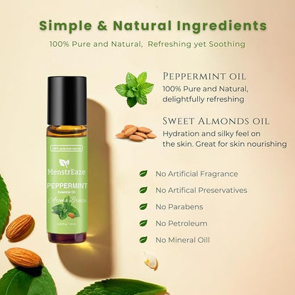 Peppermint Essential Oil Roll On, Gentle Aroma, Migraine & Headache Support, Skin Nourishing, Sweet Almond Oil, Nighttime Refreshing and Calming, 100% Natural & Pure, Mood Uplifting, 10ml