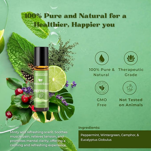Refresh Essential Oil Roll-On Blend for Head Comfort, Energy & Mental Clarity – Therapeutic-Grade, 100% Natural & Pure, with Peppermint, Wintergreen, Camphor & Eucalyptus, 10ml