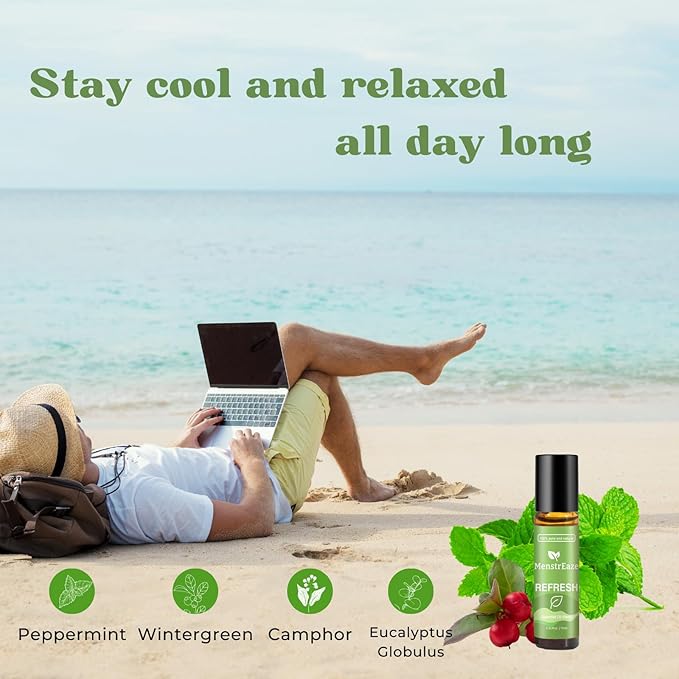 Refresh Essential Oil Roll-On Blend for Head Comfort, Energy & Mental Clarity – Therapeutic-Grade, 100% Natural & Pure, with Peppermint, Wintergreen, Camphor & Eucalyptus, 10ml