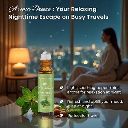 Peppermint Essential Oil Roll On, Gentle Aroma, Migraine & Headache Support, Skin Nourishing, Sweet Almond Oil, Nighttime Refreshing and Calming, 100% Natural & Pure, Mood Uplifting, 10ml