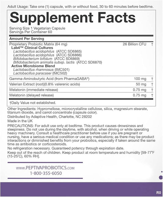 Peptiva 26 Billion CFU Probiotic and Sleep Support - Clinically Validated Multi-Strain Probiotic - Lactobacillus and Bifidobacterium, Melatonin - 60 Count