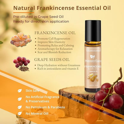 Frankincense and Grapeseed Essential Oil Roll On, Therapeutic Grade Daytime Skincare and Mood Support，100% Pure and Natural Grapeseed Oil & Frankincense for Face, Skin, Aging, Fine lines, Relax, 10 ml