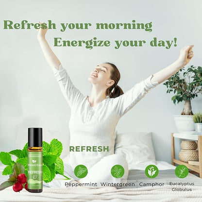 Refresh Essential Oil Roll-On Blend for Head Comfort, Energy & Mental Clarity – Therapeutic-Grade, 100% Natural & Pure, with Peppermint, Wintergreen, Camphor & Eucalyptus, 10ml