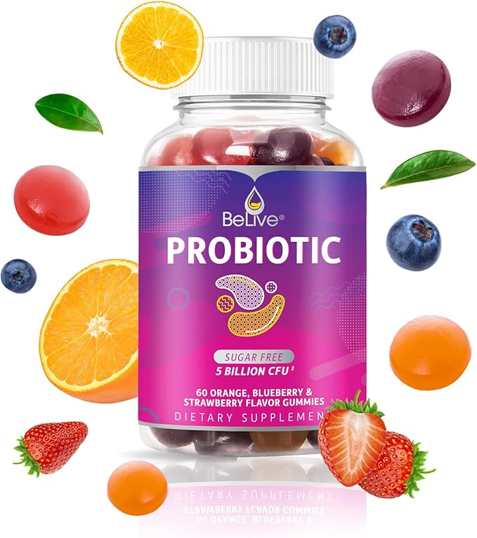 BeLive Probiotic Gummies - Probiotics with 5 Billion CFUs for Digestive Health, Men, Women & Kids Probiotic Supplements for Immune Support, Sugar Free & Vegan â Blueberry, Strawberry & Orange | 2-Pack