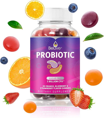 BeLive Probiotic Gummies - Probiotics with 5 Billion CFUs for Digestive Health, Men, Women & Kids Probiotic Supplements for Immune Support, Sugar Free & Vegan â Blueberry, Strawberry & Orange | 2-Pack