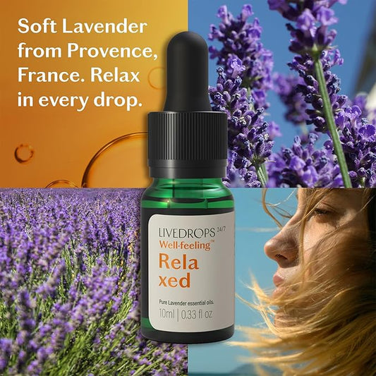 LIVEDROPS 24/7 Relaxed Lavender Essential Oil - Crafted in France - Pure & Natural Aromatherapy for Calm - Diffuser Compatible or Dilute in Carrier Oil for The Skin