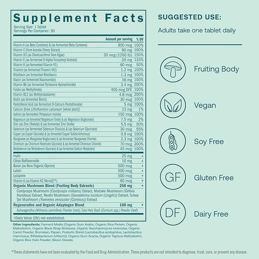 True Grace One Daily Menâs Multivitamin Fermented Minerals, Organic Adaptogens & Mushrooms Whole Body Balance Immune, Endurance, Bone & Heart Support - Non-GMO, Gluten Free - 30 Vegan Tablets